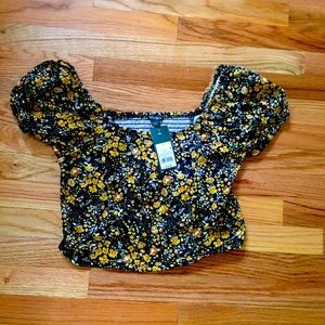 Black Daisy Peasant Crop Top